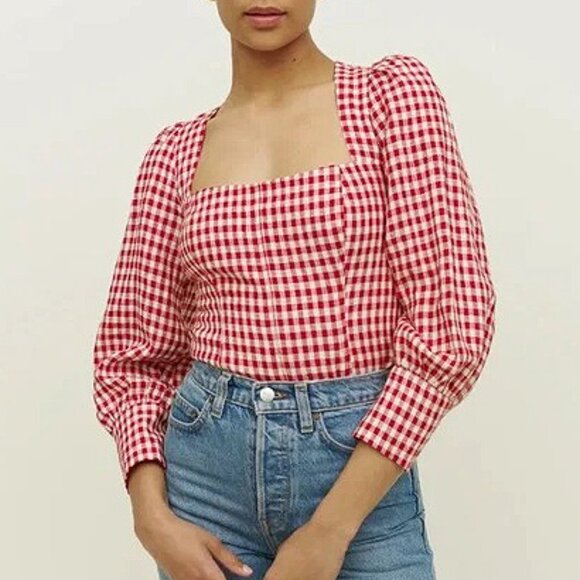 Last Chance! New Reformation Stilton 100% Linen Gingham Top Red 10, M $148 - Picture 2 of 9